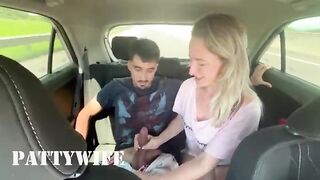 Blonde Jerking Her Stepson's Cock While Husband Drives